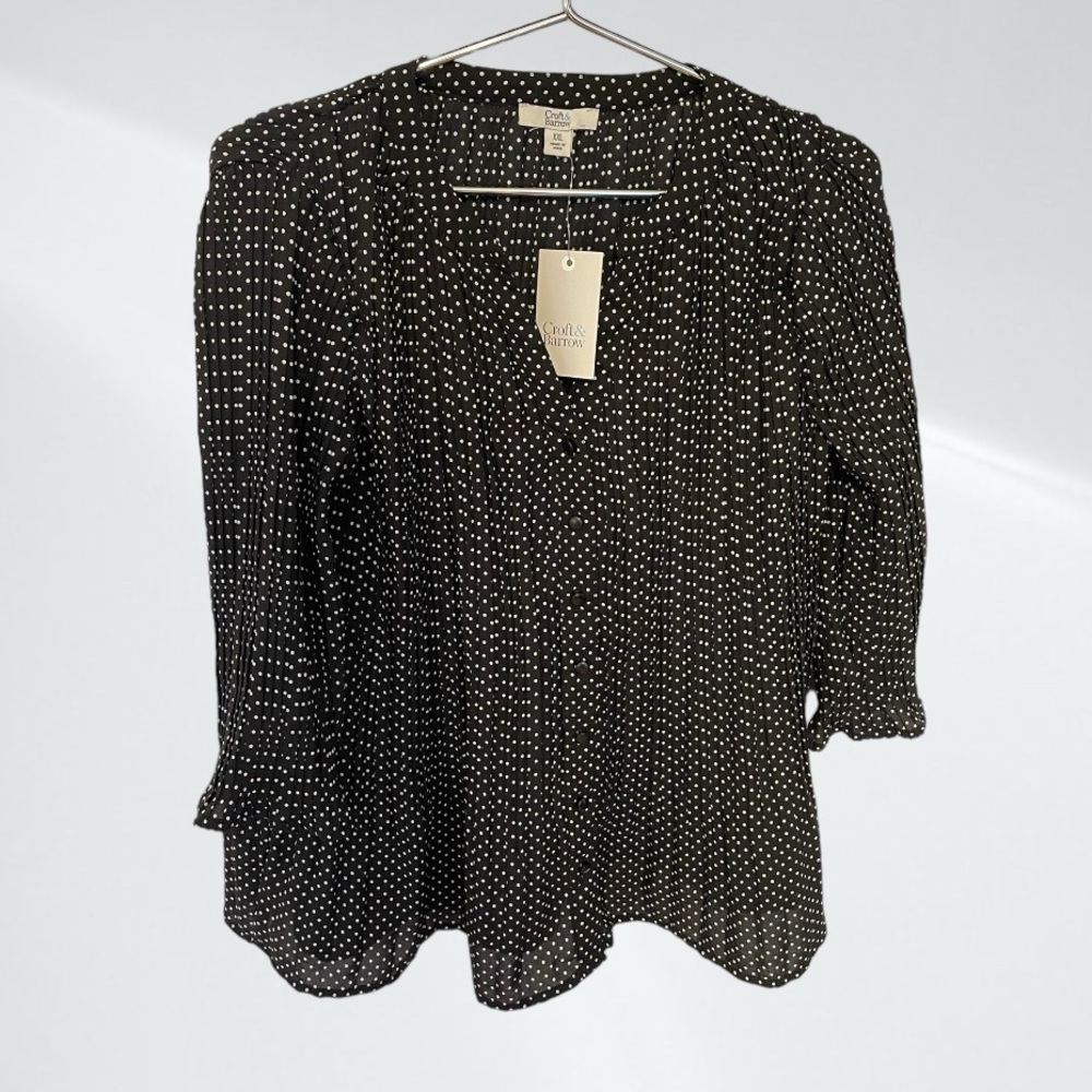 Croft and Barrow Ruffled Button Up Polka Dot Blouse